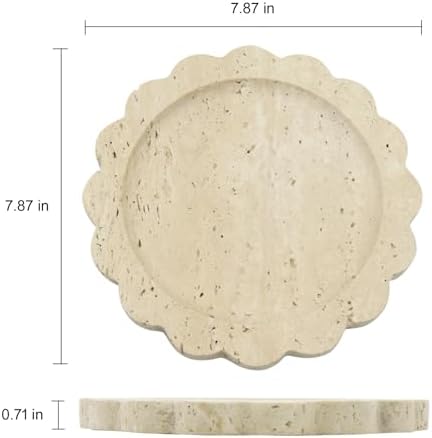 Round Marble Decorative Tray with Scalloped Edge, Luxury Natural Stone Bathroom Vanity Tray, Dresser Top Perfume Coffee Home Kitchen Sink Tray, Key Trinket Ring