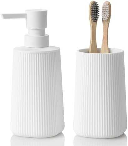 YAUKPH Bathroom Soap Dispenser and Toothbrush Holder Striped White
