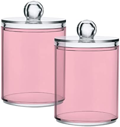 SHJI Pink Qtip Holder Organizer Dispenser Cotton Swabs Cans Plastic Jars with Lid Set 4 Pack Bathroom Storage Canister for Cotton Ball Floss Cotton Pads