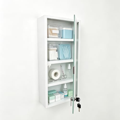 Locking Stainless Steel Medicine Cabinet, 4 Tier Wall Mounted Storage Cabinet, Durable Stainless Steel, Surface or Flush Mount, Ideal for Home, Office or First Aid, 10.6 * 4.7 * 22.4