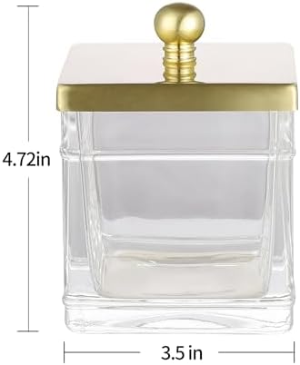 Glass Cotton Jar Holder 2 Pack– Brushed Gold Lid, Elegant Bathroom Storage Canister for Qtips, Cotton Balls, Floss, Makeup Organizer, Vanity & Bathroom Organization