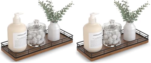 Bathroom Tray for Counter Top Organizer, Oak Wood Vanity Tray (Pack of 2)