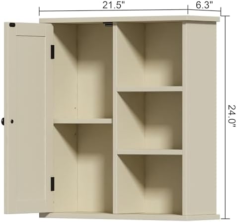 Treocho Bathroom Wall Cabinet, Medicine Cabinet with Door and 3 Open Shelves, Wall Mounted Storage Organizer for Bathroom, Kitchen, Living Room, Yellow
