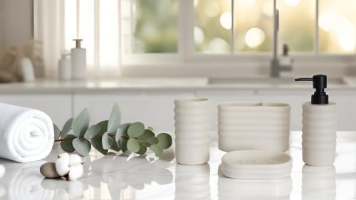 Hymmah Bathroom Accessories Set,Apartment Essentials Farmhouse Bathroom Decor,4 Pcs Resin Gift Set Apartment Necessities, Contain Toothbrush Holder,Soap Dispenser,Soap Dish,Tumbler