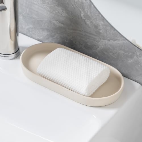 Matte Beige Round Soap Dispenser Tray - 8'' Ceramic Vanity Tray for Bathroom Decorative, Jewelry Ring Dish, Comestic Holder, Kitchen Sink Countertop Organizer Plate