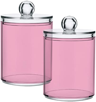DOMIKING Pink 2 Pack Cotton Swab Holder Dispenser Plastic Jar Bathroom Storage Canister Acrylic Containers for Floss Makeup Sponges Cotton Ball