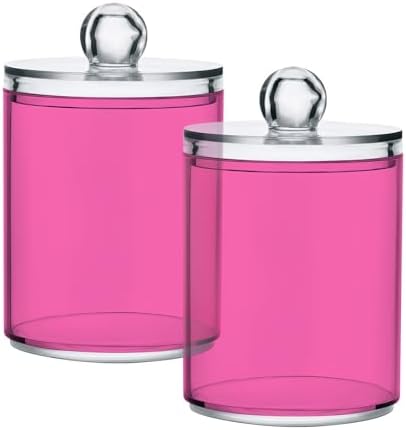 SHJI Hot Pink Qtip Holder Organizer Dispenser Cotton Swabs Cans Plastic Jars with Lid Set 4 Pack Bathroom Storage Canister for Cotton Ball Floss Cotton Pads