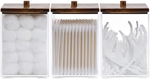 Tbestmax 3 Pack Qtip Holder - 12 oz Bathroom Organizer and Storage Containers, Plastic Square Apothecary Jars with Black Bamboo Lids for Cotton Ball, Cotton Swab, Floss