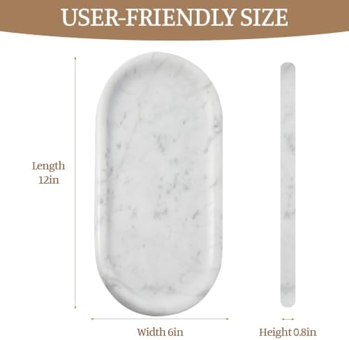 Koville Bianco Carrara Marble Tray, 12"x6" Decorative Tray for Countertop, Catchall for Perfume, Candles, Jewelry Dish