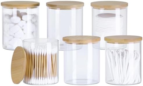 INIUNIK 6 Pack Glass Qtip Holder Dispenser with Bamboo Lid