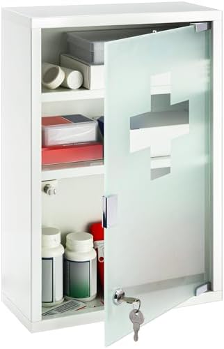 Timgle First Aid Wall Cabinet with Lock Medicine Wall Mounted Bathroom Storage Hanging Medical Cabinet with Safety Glass Door for Bathroom (3 Shelves,White)