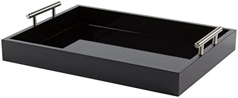 Kate and Laurel Lipton Decorative Tray with Polished Metal Handles, Black and Silver