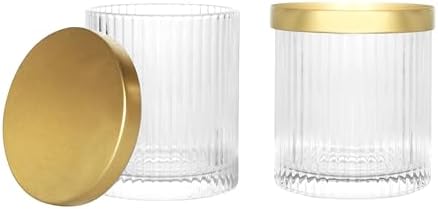 2 Pack Qtip Holder Dispenser with Metal Lids | Ribbed Glass Canister Set for Bathroom Vanity (Gold 2 Pcs)
