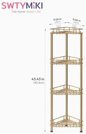 SWTYMIKI Standing Shower Caddy Corner - 4‑Tier Stainless Steel Shower Organizer Shelf with 12 Hooks and Adhesive Pads, Rustproof Corner Shelves Stand Rack for Bathroom Shower Room, Gold