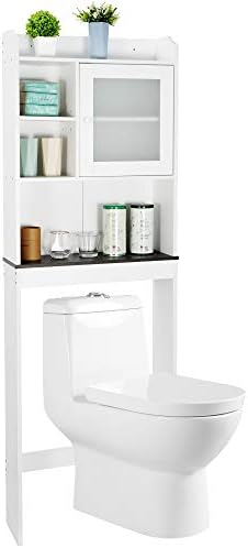 Nouva Over The Toilet Storage Cabinet - Glass Door Bathroom Shelf Storage Organizer with Adjustable Shelf Freestanding Toilet Rack Space Saver,White