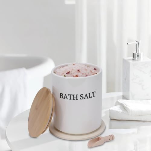 64oz Airtight Ceramic Bath Salt Jar Set - with Wooden Lid, Scoop & Anti-Slip Mat, Opaque Bathroom Storage Organization for Epsom Salt, Spa & Bath Bombs, White-M