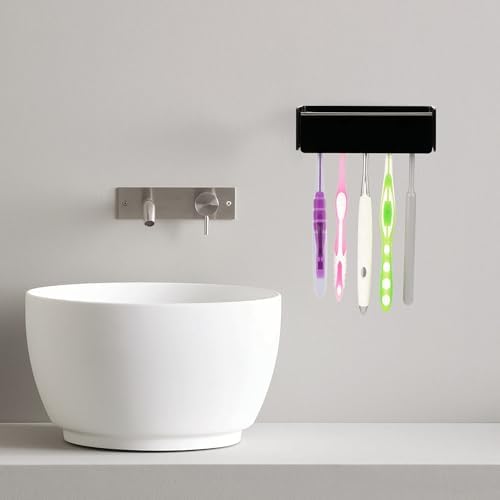 5 Slots Wall Mount Toothbrush Holder with Cover, Self Adhesive Toothbrush Storage Organizer for Shower, Toothbrush Hanger for Bathroom, Medicine Cabinet, Dorm (Black)