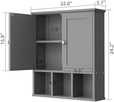 Shintenchi Bathroom Medicine Cabinet, Wall Mounted, Adjustable Shelf, Gray