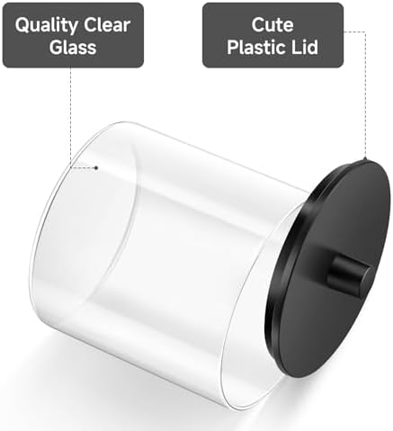 TIPGO Glass Qtip Holder Dispenser - 24 oz Clear Canister Jar, Bathroom Vanity Storage Organizer for Cotton Swabs, Pads, Floss Picks, Small Containers for Makeup Storage (Black)