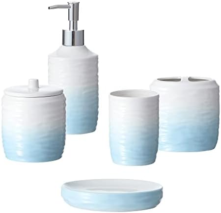 Bathroom Accessories Set, 5-Piece Ceramic Bath Accessory Complete Set with Lotion Dispenser/Soap Pump, Cotton Jar, Soap Dish, Tumbler and Toothbrush Holder (Blue and White Gradient)