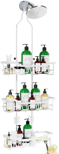 Adjustable Shower Caddy Hanging, Extended Length Organizer Over Shower Head, 3 Tier Long Neck Shower Rack with Soap Holder for Large Storage, White