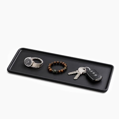10″ x 3.5″ Ceramic Bathroom Vanity Tray, Rectangular Decorative Countertop Tray for Bathroom Kitchen, Ceramic Organizer Tray for Perfume, Candle, Jewelry, Cosmetics, Soap Dispenser, Dresser Top, Black