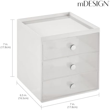 mDesign Plastic 3 Drawer Organizer for Makeup Storage - Large Stackable Makeup Organization and Storage Cube with Drawers for Bathroom, Vanity, Desk - Makeup Storage Drawers - Light Gray/Clear