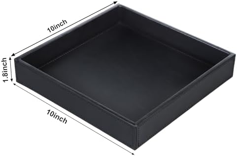 HofferRuffer Faux Leather Vanity Tray, Elegant Desktop Storage Organizer, Decorative Catchall for Perfume, Bathroom Valet, Nightstand or Dresser, 10" x 10" x 1.8" (Black)