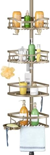 HAMITOR Shower Caddy Corner Tension Pole Adjustable No-Drill Bathroom Shelf