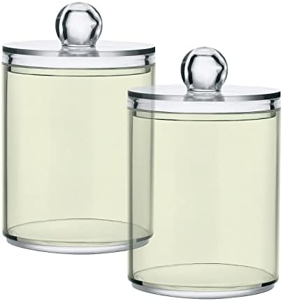 SHJI Beige Qtip Holder Organizer Dispenser Cotton Swabs Cans Plastic Jars with Lid Set 2 Pack Bathroom Storage Canister for Cotton Ball Floss Cotton Pads