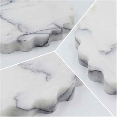 Round Marble Decorative Tray with Scalloped Edge, Luxury Natural Stone Bathroom Vanity Tray, Dresser Top Perfume Coffee Home Kitchen Sink Tray, Key Trinket Ring
