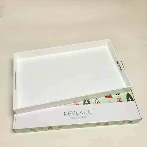 KEVLANG Glossy White Sturdy Acrylic Serving Tray with Handles-12x20 Inch-Serving Coffee Appetizer Breakfast-Kitchen Countertop Makeup Drawer Organizer-Vanity Table Ottoman Decorative Tray