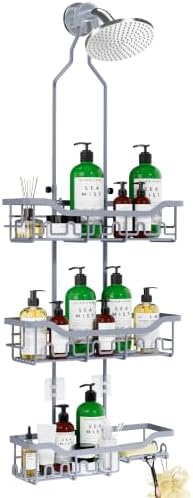 Adjustable Shower Caddy Hanging, Extended Length Organizer Over Shower Head, 3 Tier Long Neck Shower Rack with Soap Holder for Large Storage, Grey