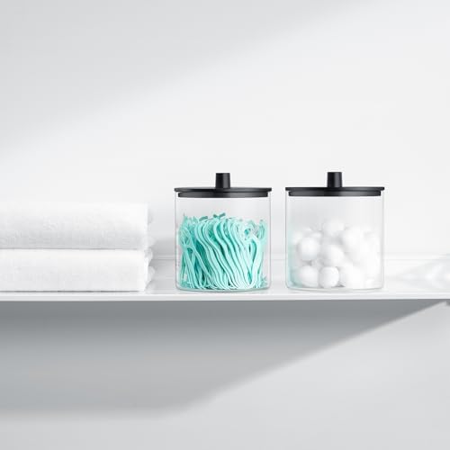 TIPGO Glass Qtip Holder Dispenser - 24 oz Clear Canister Jar, Bathroom Vanity Storage Organizer for Cotton Swabs, Pads, Floss Picks, Small Containers for Makeup Storage (Black)