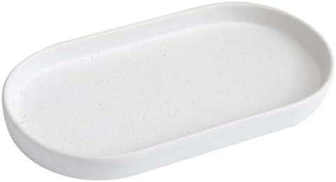 Speckled White Round Soap Dispenser Tray - 8'' Ceramic Vanity Tray for Bathroom Decorative, Jewelry Ring Dish, Comestic Holder, Kitchen Sink Countertop Organizer Plate