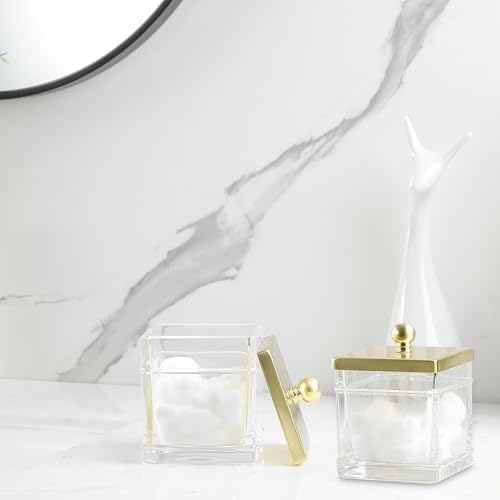 Glass Cotton Jar Holder 2 Pack– Brushed Gold Lid, Elegant Bathroom Storage Canister for Qtips, Cotton Balls, Floss, Makeup Organizer, Vanity & Bathroom Organization
