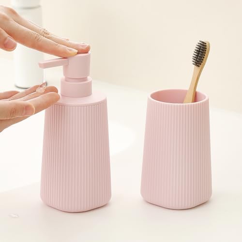YAUKPH Bathroom Soap Dispenser and Toothbrush Holder Striped Pink