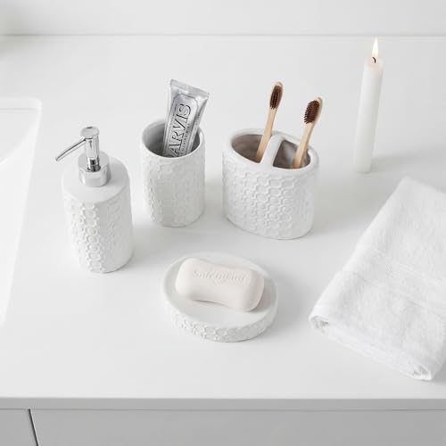 White Ceramic Bathroom Accessories Set, 4 Piece, Honeycomb Design with Soap Dispenser Pump, Tumbler, Toothbrush Holder, Soap Dish