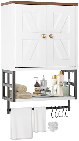 Bathroom Wall Cabinet, Farmhouse Medicine Storage with Towel Bar, White
