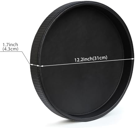 HofferRuffer Round Decorative Tray, Faux Leather Vanity Tray Decor, Decorative Catchall for Perfume, Bathroom Valet, Nightstand or Dresser (Black Stripe, Round-12" x 12" x 1.6")