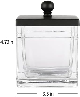Glass Cotton Jar Holder 2 Pack– Matte Black Lid, Elegant Bathroom Storage Canister for Qtips, Cotton Balls, Floss, Makeup Organizer, Vanity & Bathroom Organization
