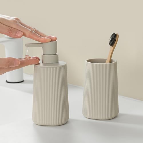 YAUKPH Bathroom Soap Dispenser and Toothbrush Holder Striped Beige