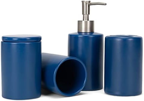NAT & Jules Chic Modern Rounded 4.5 inch Ceramic Bathroom Accessories Set of 4 - Home Décor & Organization Perfect for Bath or Kitchen Household Essentials, Matte Blue