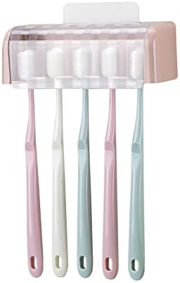 5 Slots Wall Mount Toothbrush Holder with Cover, Self Adhesive Toothbrush Storage Organizer for Shower, Toothbrush Hanger for Bathroom, Medicine Cabinet, Dorm (Pink)