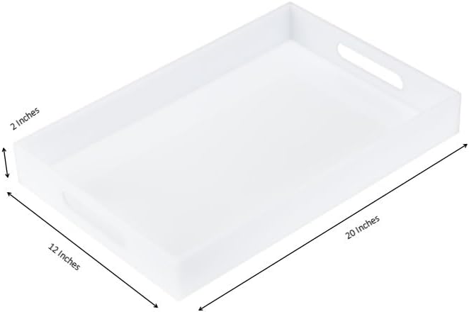 KEVLANG Glossy White Sturdy Acrylic Serving Tray with Handles-12x20 Inch-Serving Coffee Appetizer Breakfast-Kitchen Countertop Makeup Drawer Organizer-Vanity Table Ottoman Decorative Tray
