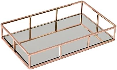 JollyCaper Rosegold Mirror Vanity Tray, Rectangle 12x8x2 Inches - Jewelry, Perfume, Makeup Organizer - Decorative Metal Tray for Dresser, Bathroom, Living Room, Bar Cart