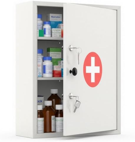 Medicine Cabinet with Dual Key Lock, Wall Mounted First Aid Cabinet, Pill Bottle Organizer Storage for Home Office & School Use 16" W x 6" D x 21" H (White)