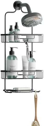 Zenna Home Rustproof Hanging Shower Caddy, Over the Shower Head Caddy with 2 Shelves and Built In Hooks, Aluminum Bathroom Hanging Organizer, Black
