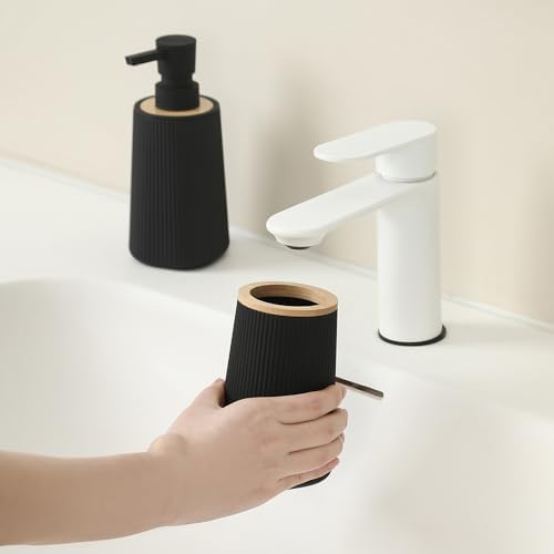 YAUKPH Bathroom Soap Dispenser and Toothbrush Holder Striped Black Bamboo