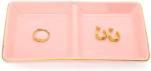 HANKOR Ceramic Jewelry Dish Tray, 2 Compartment Ring Dish, Decorative Trinket Tray for Rings, Earrings, Keys, Birthday Christmas Gifts, Pink